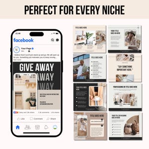 Peut inclure: Un smartphone affiche une page Facebook avec le texte "GIVE AWAY WAY WAY". L'image pr&eacute;sente &eacute;galement une s&eacute;rie de mod&egrave;les de m&eacute;dias sociaux carr&eacute;s avec le texte "TITLE GOES HERE" et "YOUR TITLE GOES IN HERE". Le texte sup&eacute;rieur indique "PERFECT FOR EVERY NICHE".