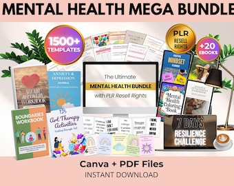 May include: An image promoting a mental health mega bundle. It includes books, journals, and digital resources. The text reads "MENTAL HEALTH MEGA BUNDLE" and "The Ultimate MENTAL HEALTH BUNDLE with PLR Resell Rights". The image also includes the text "1500+ TEMPLATES", "+20 EBOOKS", and "7 DAYS RESILIENCE CHALLENGE".