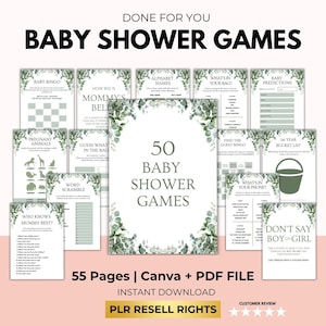Bundel babyshowergames met PLR doorverkooprechten, groen babyshowergames, babyshowergames afdrukbaar, babyshowerfeestje, bewerkbaar canvas