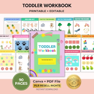 Toddler Activity Workbook with PLR Resell Rights, Montessori Learning, Kindergarten Book Canva + PDF