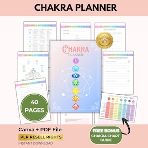 チャクラプランナー＆ガイド、覚醒ジャーナル、7つのチャクラチャートポスター、Canva + PDF、PLR再販権