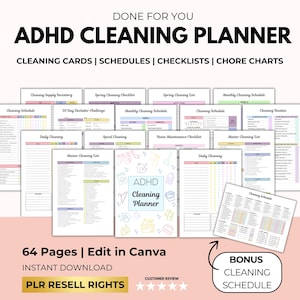 ADHD Cleaning Planner: Family Cleaning Bundle, Weekly Schedule (Canva Template, PLR Digital)