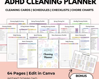 May include: A digital planner for people with ADHD to help them clean. The planner includes 64 pages of cleaning schedules, checklists, and chore charts. The planner is available for instant download and includes PLR resell rights. The planner is designed to be edited in Canva.