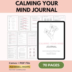 Calming Your Mind Journal, Anxiety Relief, Mindfulness Planner, Canva + PDF, PLR Resell Rights