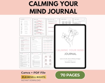 Diario para calmar la mente, alivio de la ansiedad, planificador de mindfulness, Canva + PDF, derechos de reventa PLR.