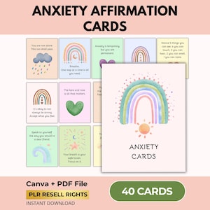 Ångestbekräftelsekort, Mindfulness, Jordningsteknik, Självkänsla, Positiva citatkort, Canva + PDF, PLR