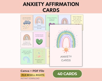 Anxiety Affirmation Flashcards, Mindfulness, Grounding Technique, Self Esteem, Positive Quote Cards, Canva + PDF, PLR