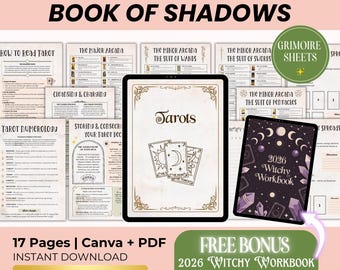 May include: A digital download featuring a tarot guide and a witchy workbook. The guide includes information on reading tarot, major and minor arcana, and tarot numerology. The workbook is dated 2026 and includes 53 pages. The image also includes the text "Tarots Guide Book of Shadows".