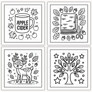 May include: Four black and white square illustrations with autumn themes. One shows a mug of apple cider, another a blanket with scissors, a third a deer, and the last a tree with stars.
