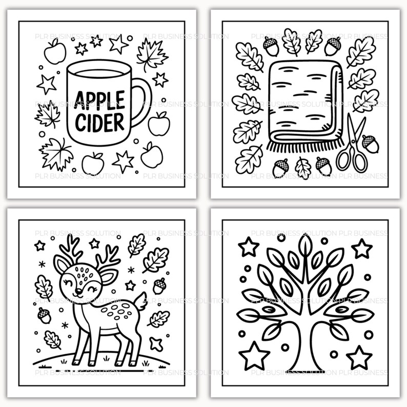 May include: Four black and white square illustrations with autumn themes. One shows a mug of apple cider, another a blanket with scissors, a third a deer, and the last a tree with stars.