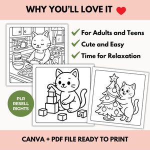 May include: Black and white line art coloring pages featuring cats in various scenes. One cat bakes, another builds with blocks, and a third decorates a Christmas tree. Text includes "Why You'll Love It", "For Adults and Teens", "Cute and Easy", and "Time for Relaxation".