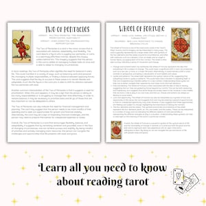 May include: Two informational sheets detailing the Two of Pentacles and Wheel of Fortune tarot cards, featuring illustrations of each card, descriptive text, and the title Learn all you need to know about reading tarot with star icons.