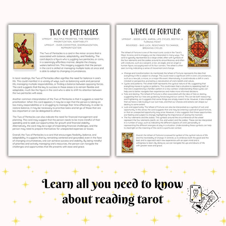 May include: Two informational sheets detailing the Two of Pentacles and Wheel of Fortune tarot cards, featuring illustrations of each card, descriptive text, and the title Learn all you need to know about reading tarot with star icons.