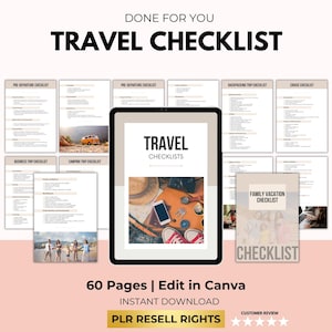 Planejador de lista de verificação de viagem, listas de verificação de embalagem, lista de embalagem, organizador de viagem, itens essenciais de viagem, planejamento de férias, direitos de revenda PLR