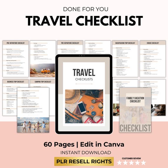 Travel Checklist Planner, 60-Page Trip Organizer, Canva + PDF, PLR Resell Rights