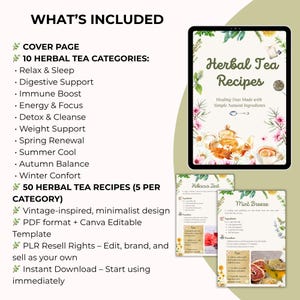 Pode incluir: Download digital com receitas de ch&aacute; de ervas. A imagem inclui um tablet exibindo a capa intitulada "Herbal Tea Recipes" e dois cart&otilde;es de receitas. As categorias inclu&iacute;das s&atilde;o listadas, como Relax & Sleep e Digestive Support.