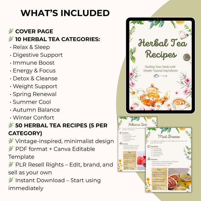 Pode incluir: Download digital com receitas de ch&aacute; de ervas. A imagem inclui um tablet exibindo a capa intitulada "Herbal Tea Recipes" e dois cart&otilde;es de receitas. As categorias inclu&iacute;das s&atilde;o listadas, como Relax & Sleep e Digestive Support.