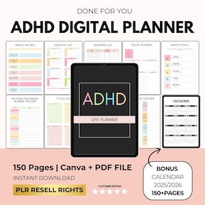 ADHD Digital Life Planner with plr Resell Rights, Adult Daily Productivity, Adhd Self Care Daily Planner, Editable Adult ADHD Productivity