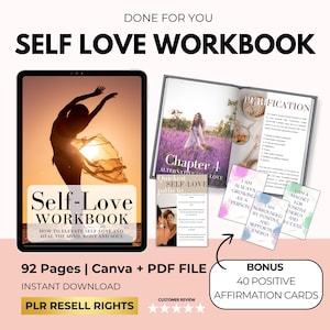 Self Love Ebook and Workbook with PLR Resell Rights, Self Love Journal, Self Development Guide, Self Care Journey, Canva Template + PDF FILE
