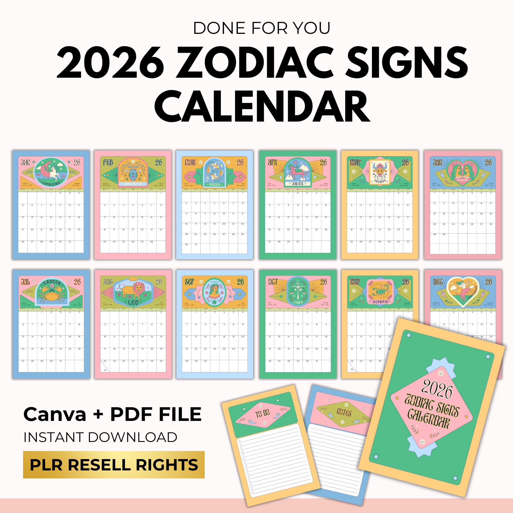 2026 Zodiac Signs Calendar With PLR Resell Rights, Annual Calendar