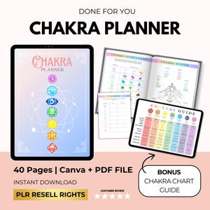 Chakraplanner met PLR-doorverkooprechten, chakradagboek en werkblad, spiritualiteitplanner, chakra-gidsgrafiek afdrukbaar, canva + pdf-bestand