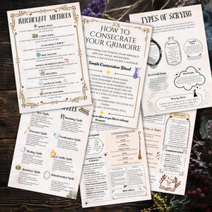 May include: A collection of printed pages with witchcraft methods, scrying techniques, and grimoire consecration rituals. The pages feature decorative borders, illustrations, and text, offering guidance on spells and magical practices.