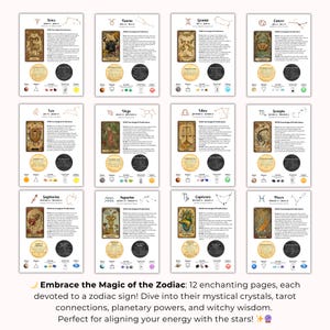 May include: A collection of twelve astrology-themed cards, each featuring a different zodiac sign with corresponding illustrations and text. The cards are arranged in rows and columns, with a circular design element at the bottom of each card. The text at the bottom reads: "Embrace the Magic of the Zodiac."
