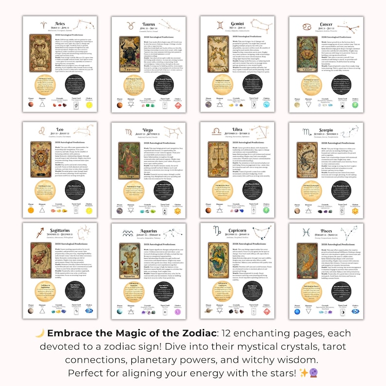 May include: A collection of twelve astrology-themed cards, each featuring a different zodiac sign with corresponding illustrations and text. The cards are arranged in rows and columns, with a circular design element at the bottom of each card. The text at the bottom reads: "Embrace the Magic of the Zodiac."