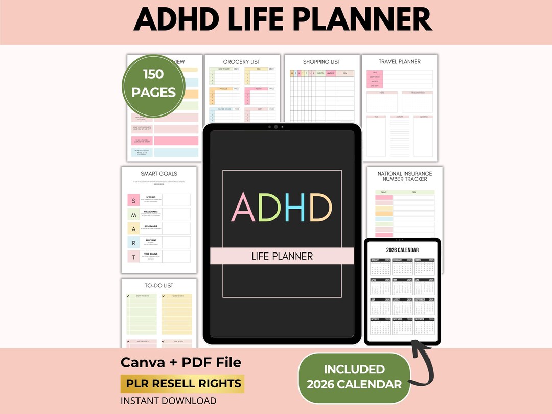 2026 ADHD Digital Planner With PLR Resell Rights, Adult Productivity ...