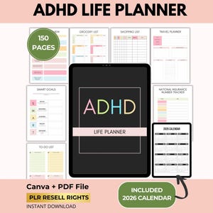 2026 ADHD Digital Planner with PLR Resell Rights, Adult Productivity, Calendar, Canva Template + PDF
