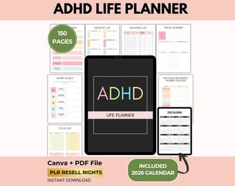 2026 ADHD Digital Planner with PLR Resell Rights, Adult Productivity, Calendar, Canva Template + PDF