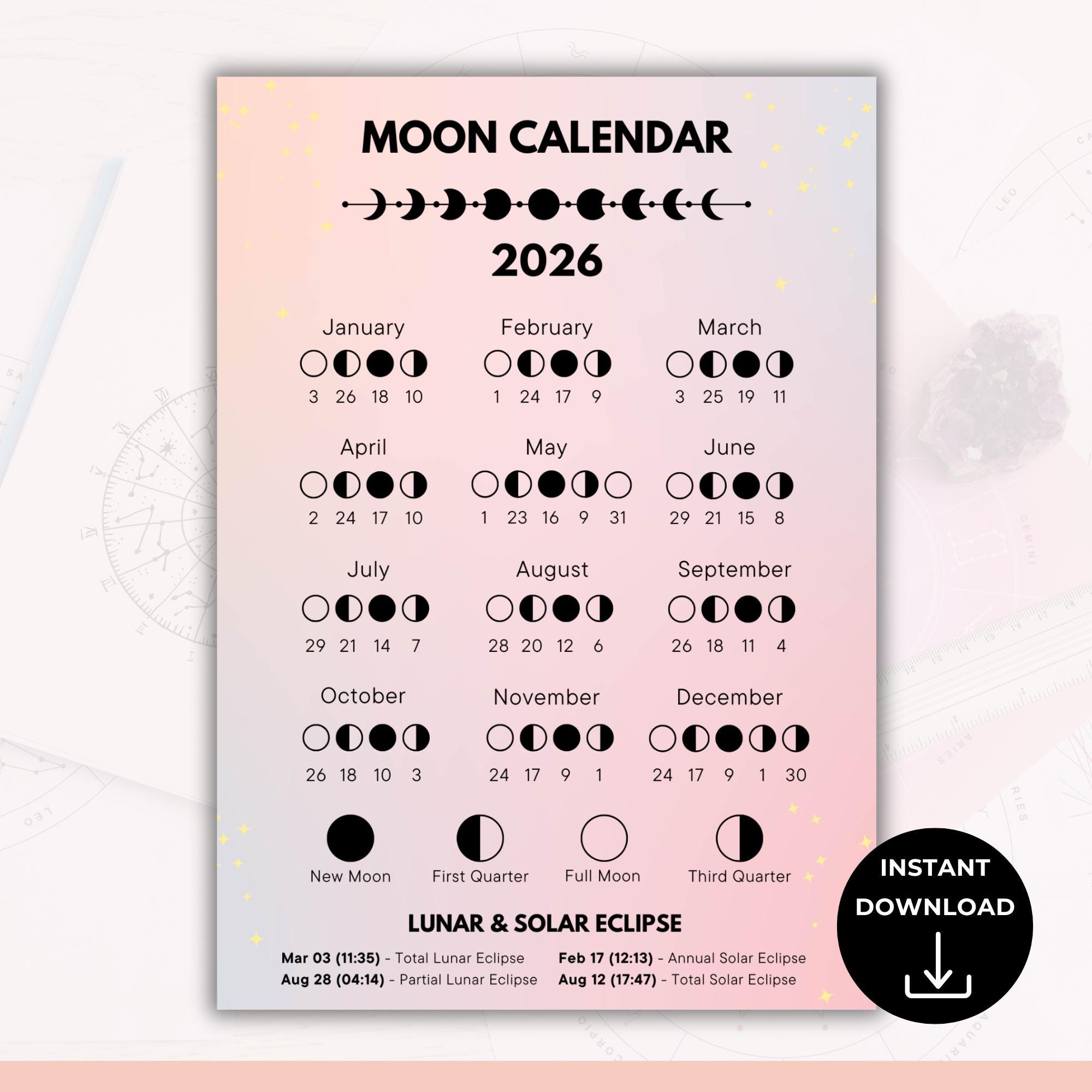2026 TYPE-MOONカレンダー 2026 Moon Phases Calendar, Lunar Calendar, Astrology Calendar