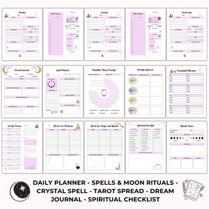 May include: A collection of printable planner pages with a light purple and white color scheme. The pages include sections for daily planning, spells, moon rituals, tarot spreads, dream journals, and spiritual checklists. Text at the bottom reads: DAILY PLANNER - SPELLS & MOON RITUALS - CRYSTAL SPELL - TAROT SPREAD - DREAM JOURNAL - SPIRITUAL CHECKLIST.