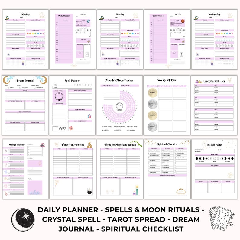 May include: A collection of printable planner pages with a light purple and white color scheme. The pages include sections for daily planning, spells, moon rituals, tarot spreads, dream journals, and spiritual checklists. Text at the bottom reads: DAILY PLANNER - SPELLS & MOON RITUALS - CRYSTAL SPELL - TAROT SPREAD - DREAM JOURNAL - SPIRITUAL CHECKLIST.