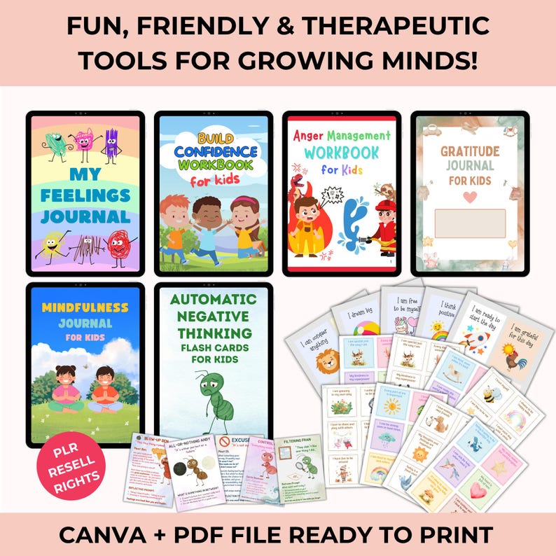 May include: A collection of digital workbooks and flashcards for children, designed to promote emotional well-being. Titles include "My Feelings Journal," "Build Confidence Workbook," and "Anger Management Workbook." The image also includes the text "CANVA + PDF FILE READY TO PRINT."