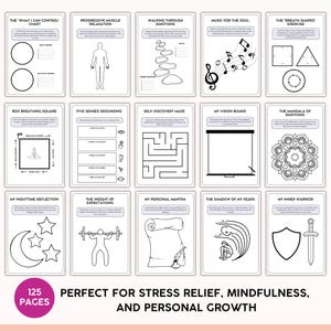 May include: A set of 15 black and white mindfulness cards with various illustrations and text, including a maze, musical notes, and geometric shapes. The cards are designed for stress relief and personal growth. The text on the bottom reads "125 PAGES".