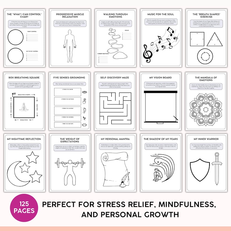 May include: A set of 15 black and white mindfulness cards with various illustrations and text, including a maze, musical notes, and geometric shapes. The cards are designed for stress relief and personal growth. The text on the bottom reads "125 PAGES".
