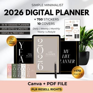 May include: A digital planner for 2026 with the text "2026 DIGITAL PLANNER". The image includes a tablet displaying the planner, stickers, and covers. The planner is digital and printable, with features like daily, weekly, and monthly planning.