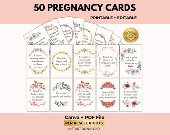 Pregnancy and Birth Affirmation Cards with PLR Resell Rights, Positive Maternity Quotes, Canva + PDF