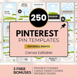 Può includere: Una collezione di 250 modelli di pin di Pinterest con diritti di rivendita PLR, modificabili su Canva. Il design presenta uno sfondo rosa con testo nero e un cerchio bordato d'oro con il numero 250. Include 3 bonus gratuiti.