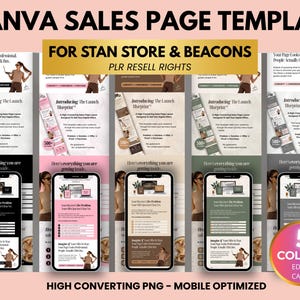 Peut inclure: Mod&egrave;le de page de vente num&eacute;rique avec le texte "CANVA SALES PAGE TEMPLATE" et "FOR STAN STORE & BEACONS". L'image montre cinq variations de couleurs diff&eacute;rentes d'une conception optimis&eacute;e pour mobile, avec le texte "5 COLORS EDIT IN CANVA".