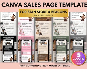 PLR Canva Sales Page Template for Stan Store & Beacons, Editable PNG Sales Page + Affiliate Pre-Sale Page, 5 Colors + Canva Crash Course