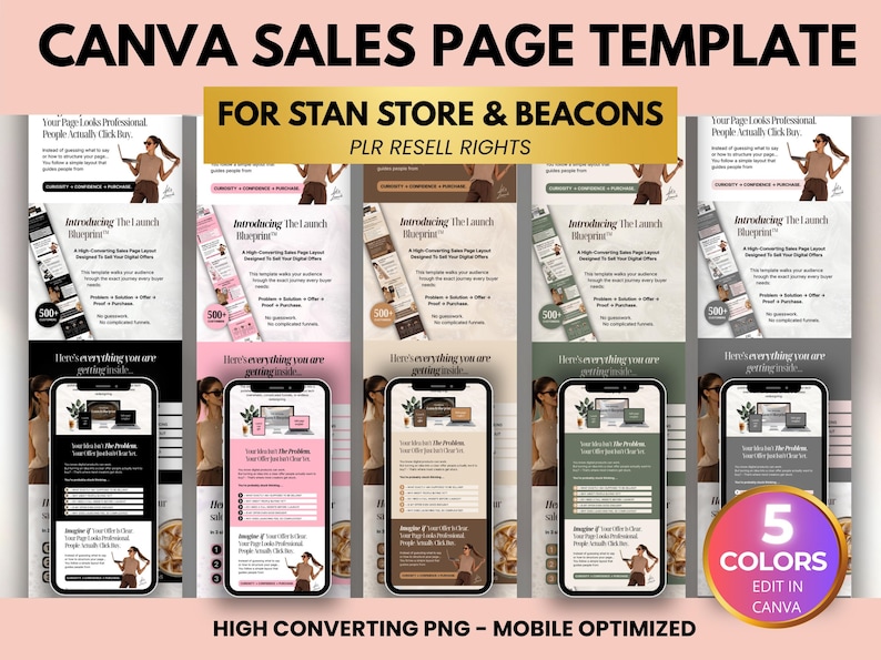 Peut inclure: Mod&egrave;le de page de vente num&eacute;rique avec le texte "CANVA SALES PAGE TEMPLATE" et "FOR STAN STORE & BEACONS". L'image montre cinq variations de couleurs diff&eacute;rentes d'une conception optimis&eacute;e pour mobile, avec le texte "5 COLORS EDIT IN CANVA".