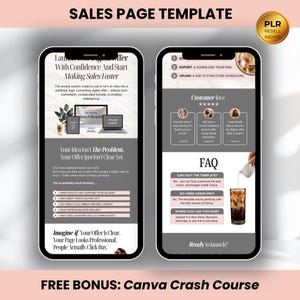 Peut inclure: Deux smartphones affichent un mod&egrave;le de page de vente. Le t&eacute;l&eacute;phone de gauche montre une page avec du texte sur la r&eacute;alisation de ventes plus rapides, tandis que le t&eacute;l&eacute;phone de droite affiche des t&eacute;moignages de clients et une FAQ. L'image comprend le texte "FREE BONUS: Canva Crash Course."
