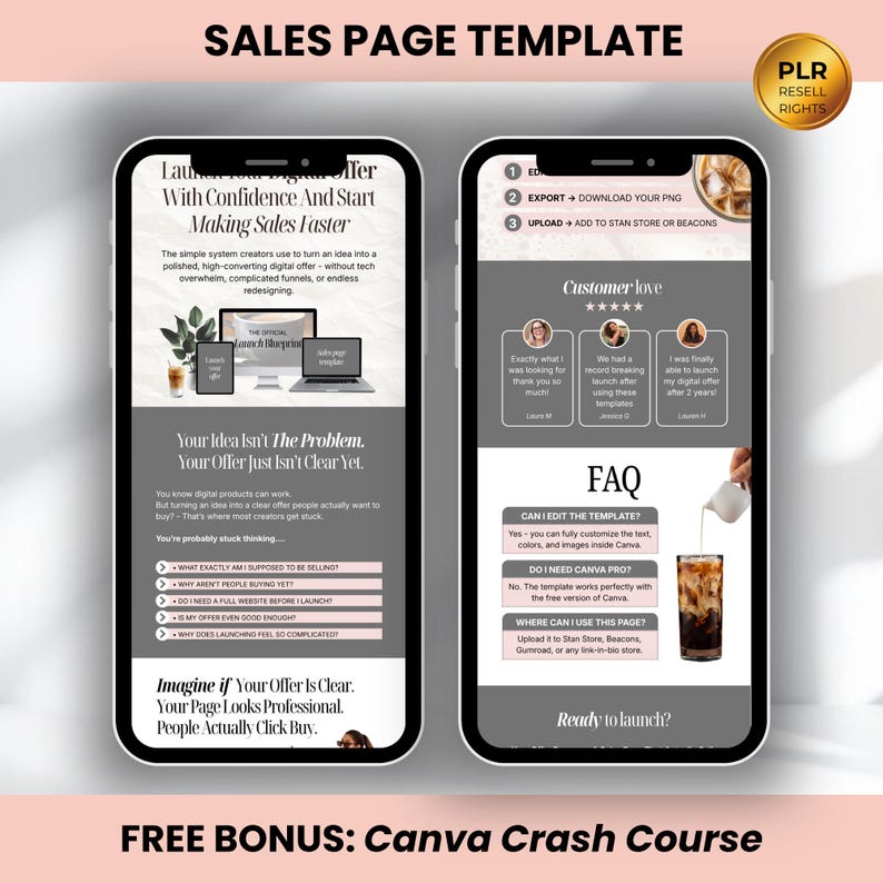 Peut inclure: Deux smartphones affichent un mod&egrave;le de page de vente. Le t&eacute;l&eacute;phone de gauche montre une page avec du texte sur la r&eacute;alisation de ventes plus rapides, tandis que le t&eacute;l&eacute;phone de droite affiche des t&eacute;moignages de clients et une FAQ. L'image comprend le texte "FREE BONUS: Canva Crash Course."