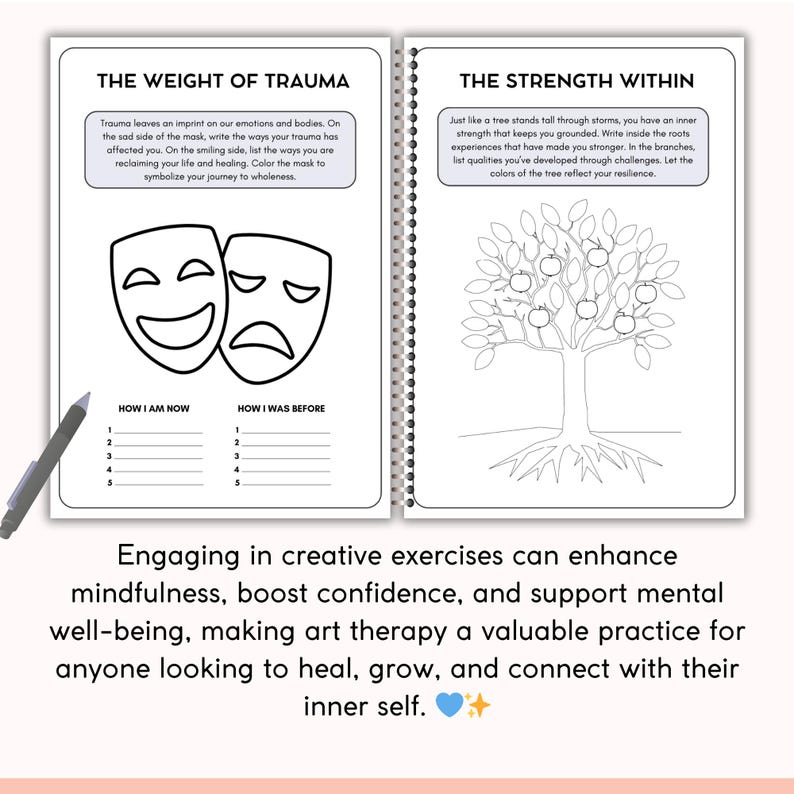 May include: A spiral-bound journal with two facing pages. One page features a mask graphic with prompts about trauma. The other page has a tree graphic with prompts about inner strength. A pen rests on the page. Text reads: "Engaging in creative exercises can enhance mindfulness."