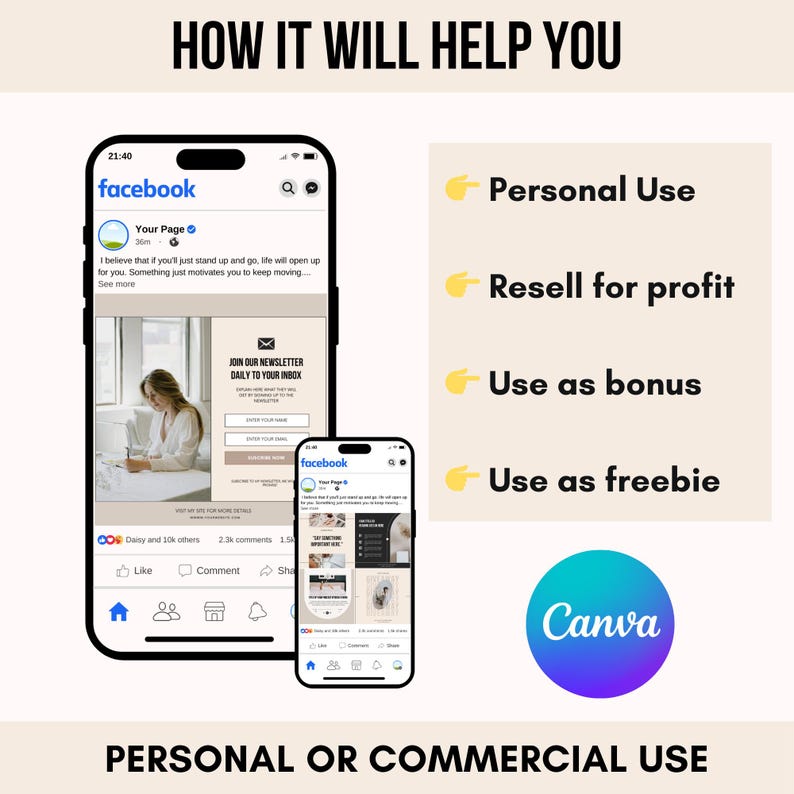 Peut inclure: Deux smartphones affichant des interfaces Facebook, avec le texte "HOW IT WILL HELP YOU" en haut. L'image comprend &eacute;galement le logo Canva et du texte indiquant une utilisation personnelle ou commerciale.