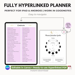 May include: Digital planner with a black tablet displaying a table of contents and a white page with a moon phase guide. The planner is fully hyperlinked and designed for iPad and Android use. Text includes "Easy to navigate" and "Instant download".