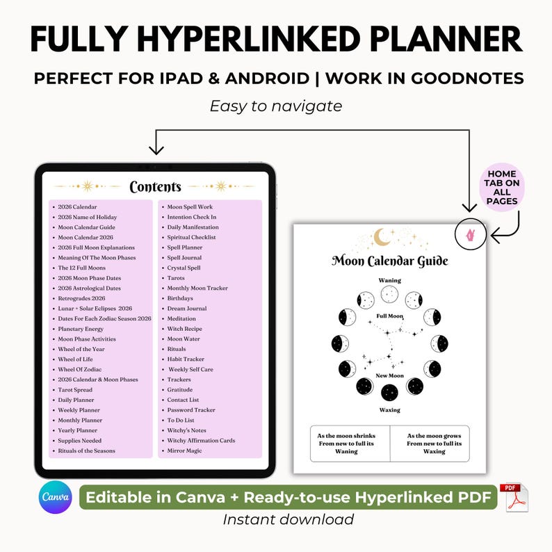 May include: Digital planner with a black tablet displaying a table of contents and a white page with a moon phase guide. The planner is fully hyperlinked and designed for iPad and Android use. Text includes "Easy to navigate" and "Instant download".