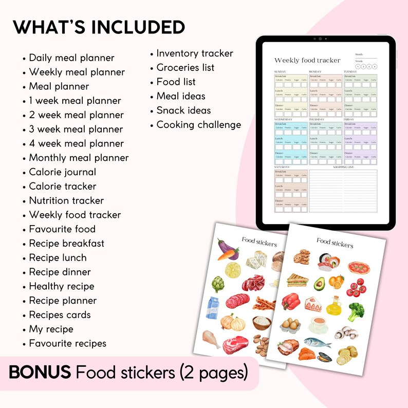 May include: A printable meal planner and tracker with a pink and blue color scheme. The planner includes sections for daily, weekly, and monthly meal planning, calorie tracking, nutrition tracking, and recipe ideas. It also includes a weekly food tracker and a section for favorite recipes. The planner comes with bonus food stickers on two pages.